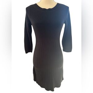 F&F Black Ribbed Knit Bodycon Sweater Dress 3/4 Sleeve Fall Winter Midi Size 8